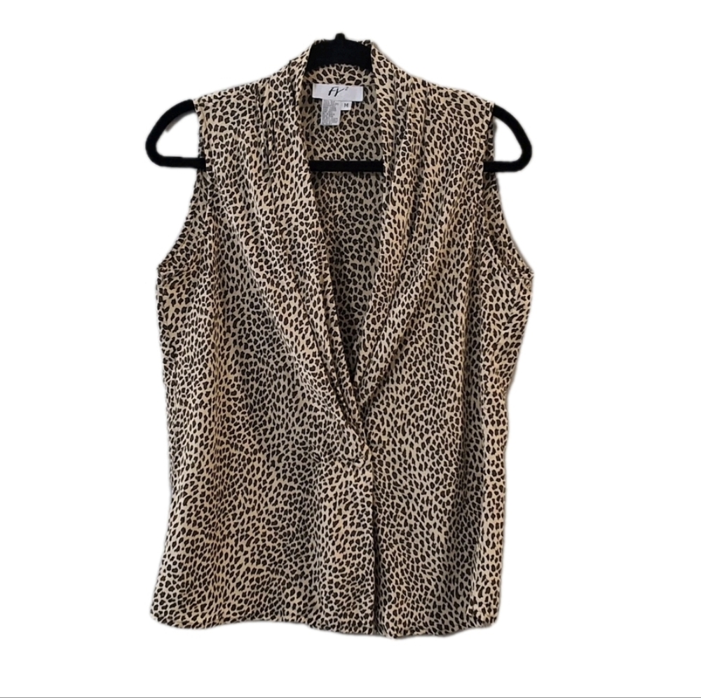 Vtg Y2K Women Silk Sleeveless Blouse Leopard Print Medium Rockabilly Career Chic